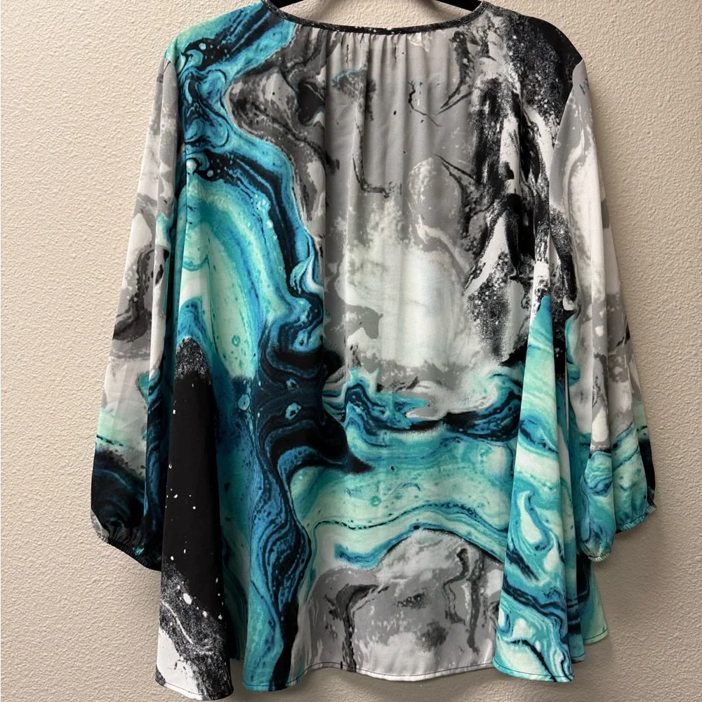 Valerie Stevens Teal Gray Abstract Blouse L Tie Neck Career Chic Top - Picture 6 of 9